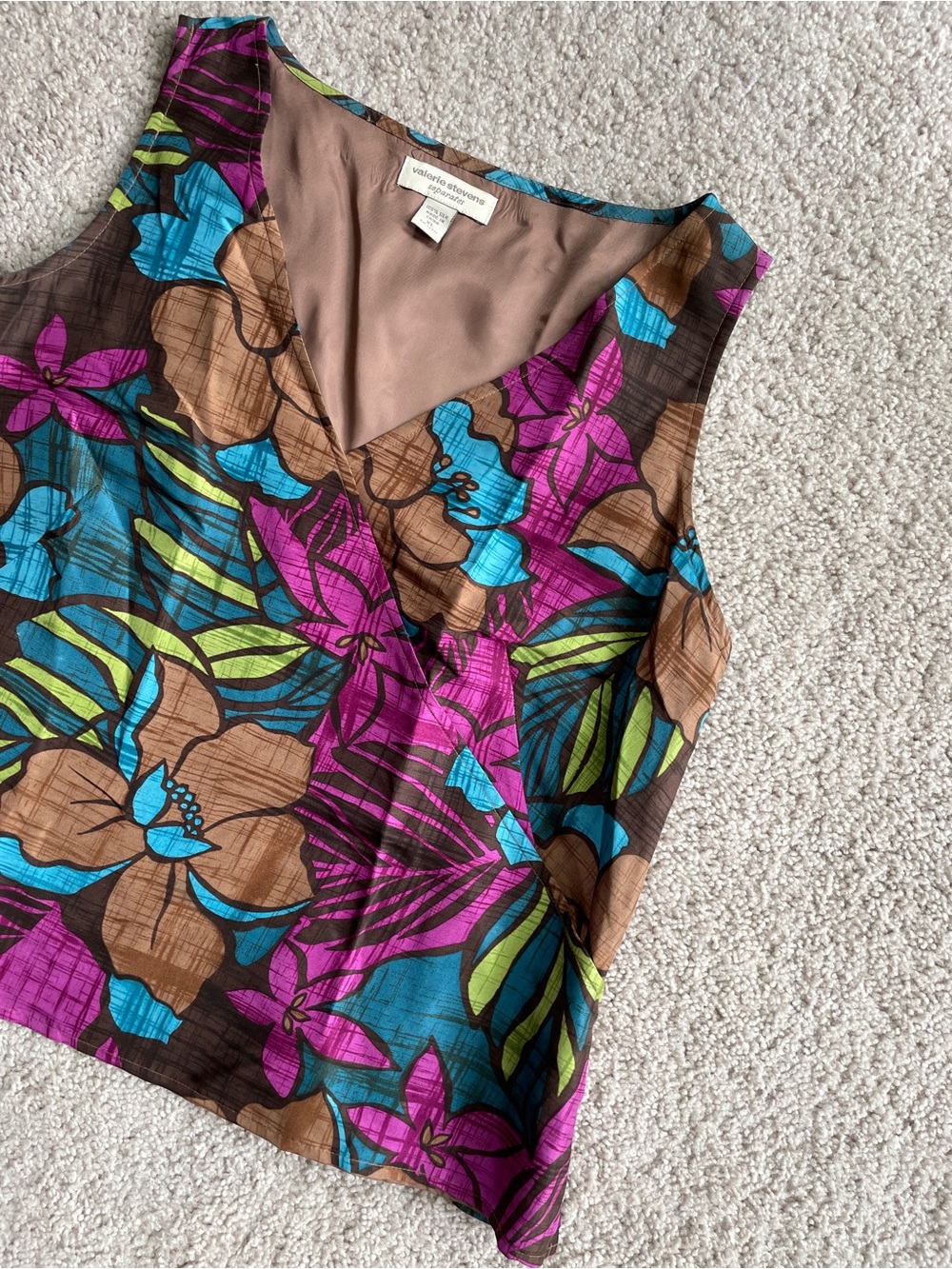 Valerie Stevens Separates Silk Floral Pink Blue Brown V-Cut Sleeveless Top - XL - Picture 3 of 10